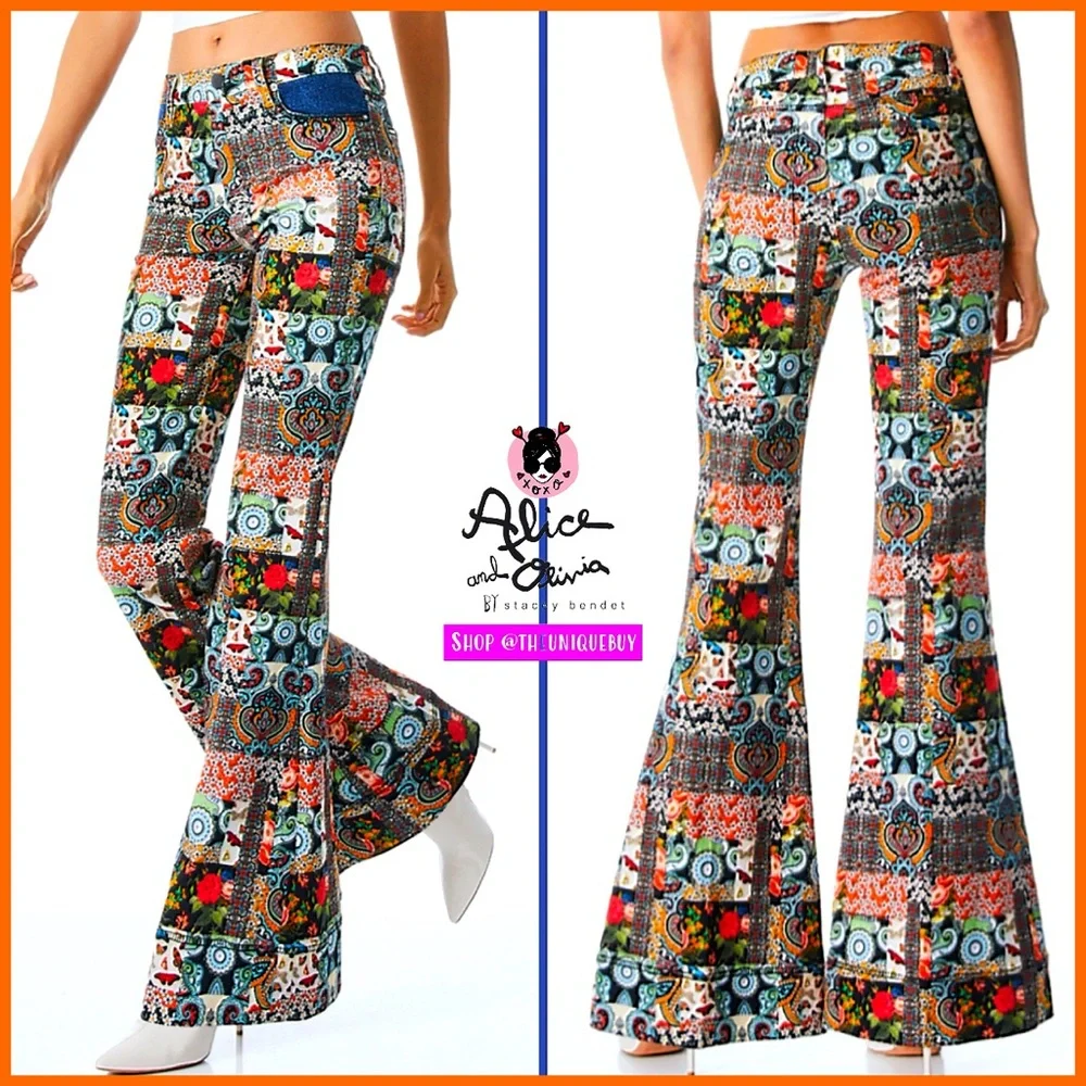 Alice + Olivia Beautiful Patchwork Mid Rise Denim Floral Flared Bell Jeans - Picture 7 of 17